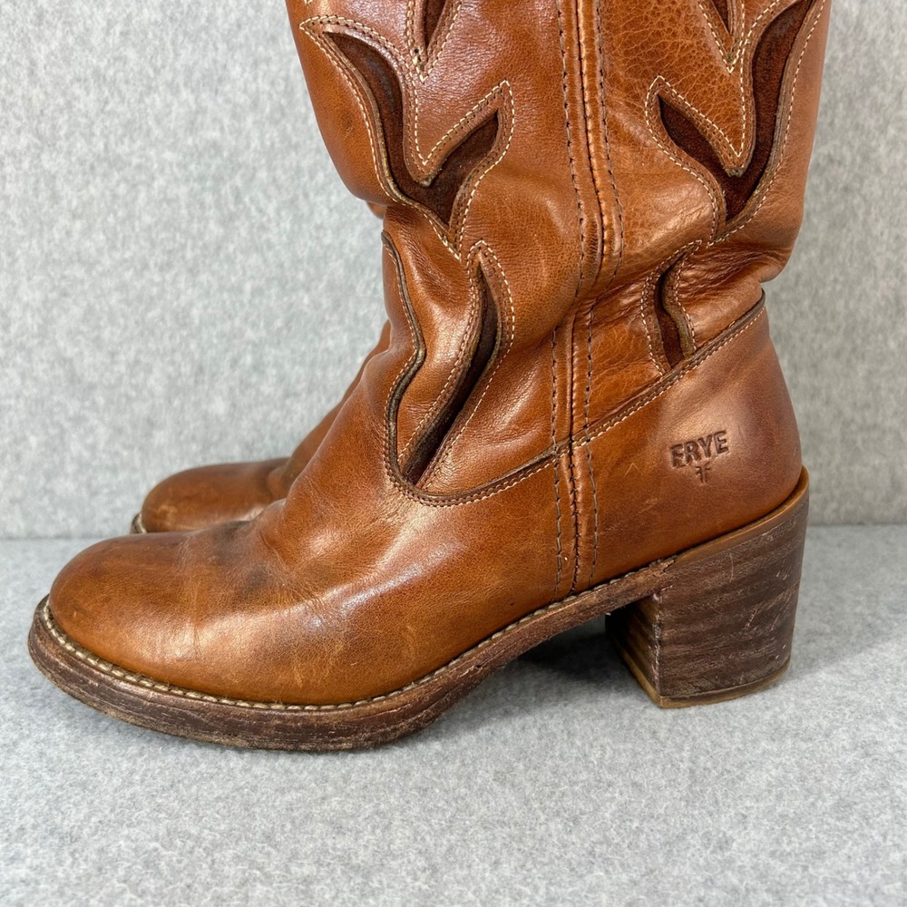 FRYE Sabrina Floral Inlay Campus Boots Brown Leather Western Womens Size 8B Vntg - Picture 11 of 16